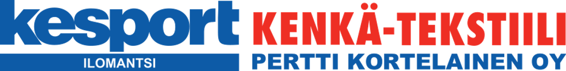 Kesport- ja Kenkä-Tekstiili Pertti Kortelainen Oy:n logo. Vasemmalla on sininen Kesport-teksti ja sen alla sana Ilomantsi, oikealla punaisella tekstillä Kenkä-Tekstiili ja sen alla sinisellä Pertti Kortelainen Oy.