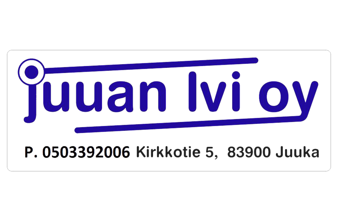 Juuan LVI Oy -yrityksen logo ja yhteystiedot. Logossa on suuri, tummansininen teksti "Juuan lvi oy" ilman isoja kirjaimia. Tekstin ylä- ja alapuolella on paksut, tummansiniset viivat, jotka alkavat tyylitellystä O-kirjainta muistuttavasta symbolista vasemmalla ja päättyvät oikealla pystysuoraan kulmaan. Tekstin alapuolella lukee mustalla, pienemmällä fontilla yrityksen yhteystiedot: "P. 0503392006 Kirkkotie 5, 83900 Juuka". Logo on valkoisella taustalla, jossa on ohut musta reunus.