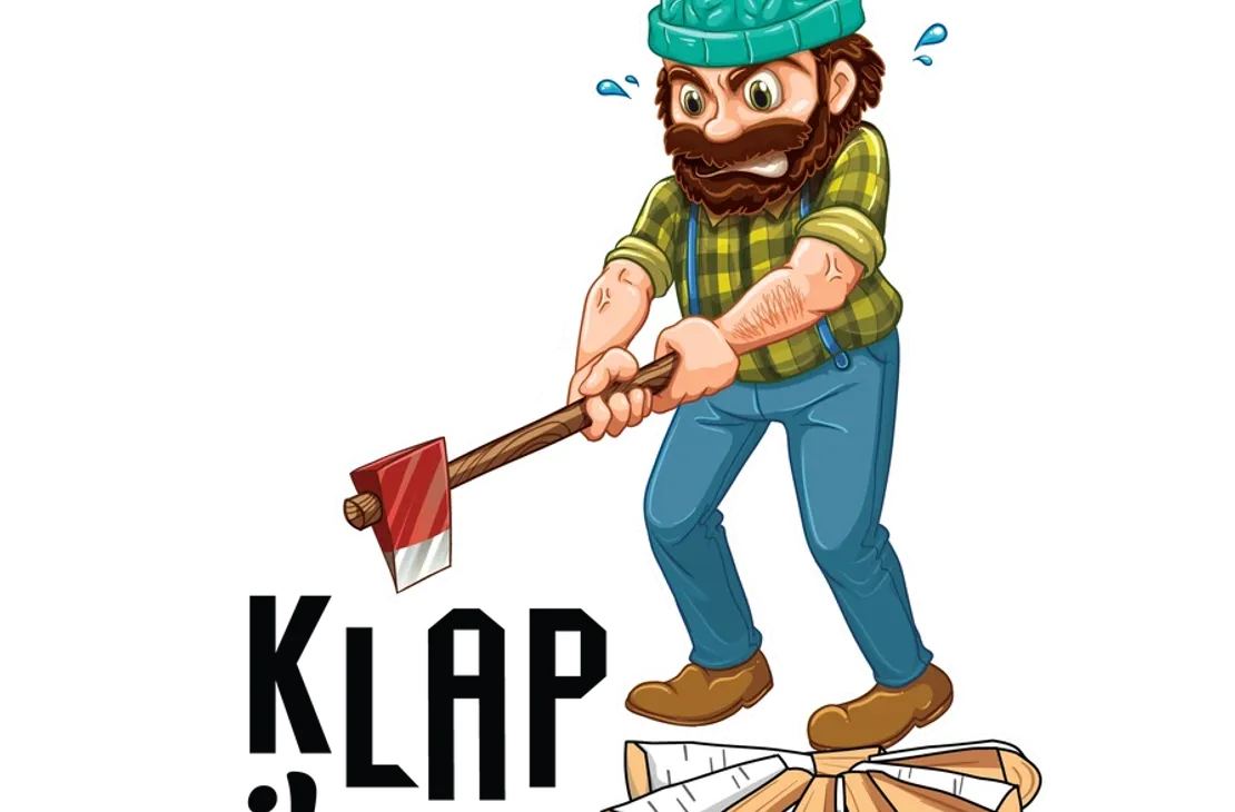 Sarjakuvametsuri, jolla on turkoosi pipo, parrakas ja ruutupaitainen, pilkkoo vihaisen näköisenä halkoja kirveellä hikipisarat lennellen. Vasemmalla alhaalla on musta teksti "KLAPIkone".