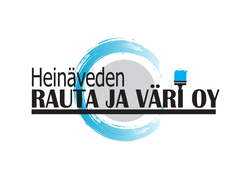 Hein&auml;veden Rauta Ja V&auml;ri Oy -yrityksen logo. Logossa on suuri, valkoinen teksti "Hein&auml;veden" sijoitettuna harmaan ympyr&auml;n p&auml;&auml;lle. Sen alla on suurempi, musta teksti "RAUTA JA V&Auml;RI OY". Tekstin takana on py&ouml;re&auml;, tyylitelty kuvio, joka muistuttaa sinisell&auml; maalattuja siveltimen vetoja ja harmaata alustaa. I-kirjaimen p&auml;&auml;ll&auml; on sininen siveltimenp&auml;&auml;. Tekstin alla on paksu musta viiva. Logo on valkoisella taustalla.