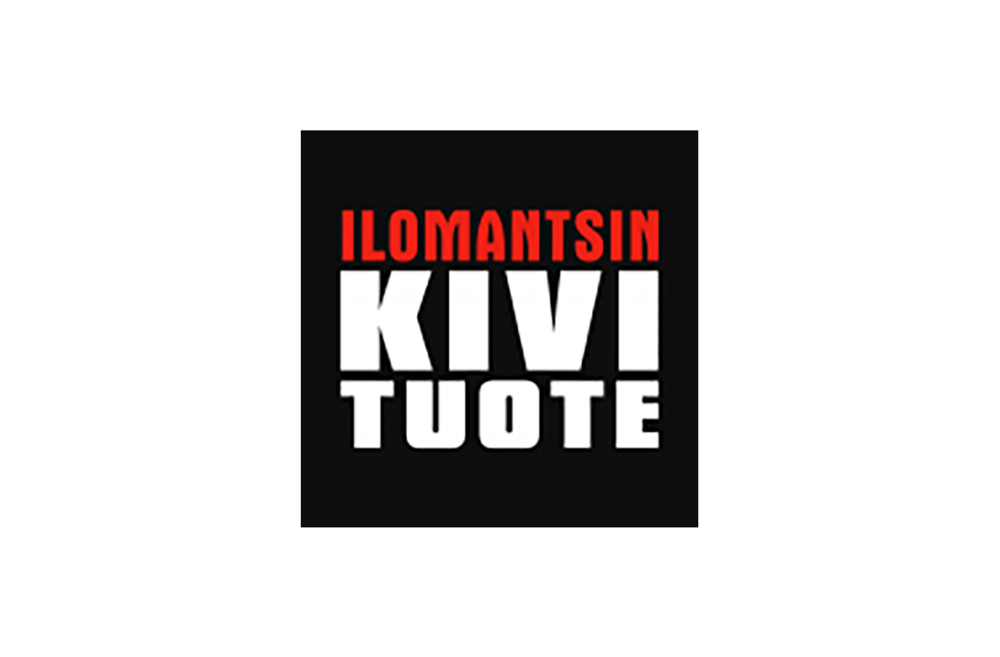 Ilomantsin Kivi Tuote -yrityksen logo. Logossa on tummanharmaa tausta, ja teksti on kolmella rivillä: Ylimpänä on punaisella, isolla fontilla "ILOMANTSIN". Keskellä on suurimmalla, valkoisella fontilla sana "KIVI". Alimpana on valkoisella fontilla sana "TUOTE".
