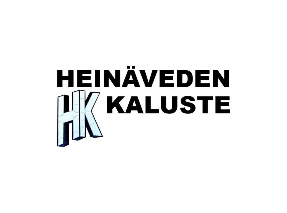 Heinäveden Kaluste -yrityksen logo. Ylärivillä lukee isolla, mustalla, isoin kirjaimin kirjoitetulla fontilla sana "HEINÄVEDEN". Sen alapuolella on vasemmalla kaksi tyyliteltyä, 3D-efektillä piirrettyä kirjainta "H" ja "K" vaaleansinisinä. Kirjainten oikealla puolella lukee samalla mustalla, isolla fontilla sana "KALUSTE". Logo on valkoisella taustalla.