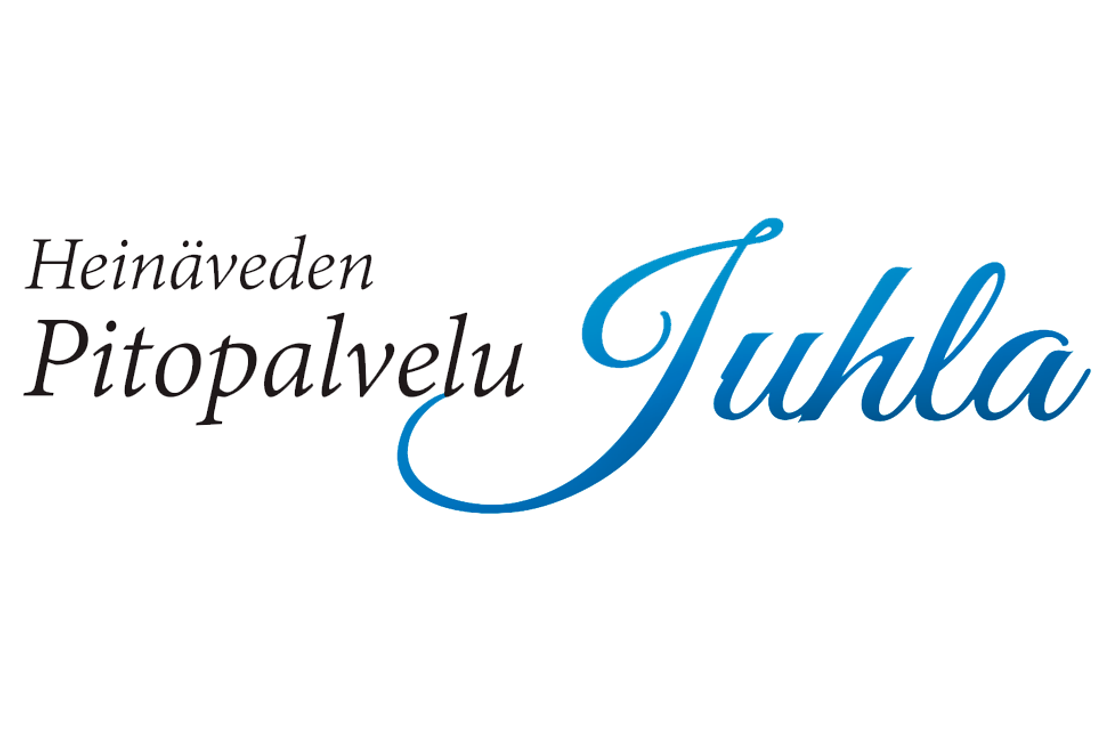 Heinäveden Pitopalvelu Juhla -yrityksen logo. Logossa on kaksi osaa: Vasemmalla lukee tummanruskealla, serif-fontilla kaksi riviä tekstiä: "Heinäveden" ja "Pitopalvelu". Oikealla lukee suuri, koristeellinen, kursivoitu ja käsin kirjoitetun näköinen sana "Juhla" sinisellä liukuvärjäyksellä. Logo on valkoisella taustalla.