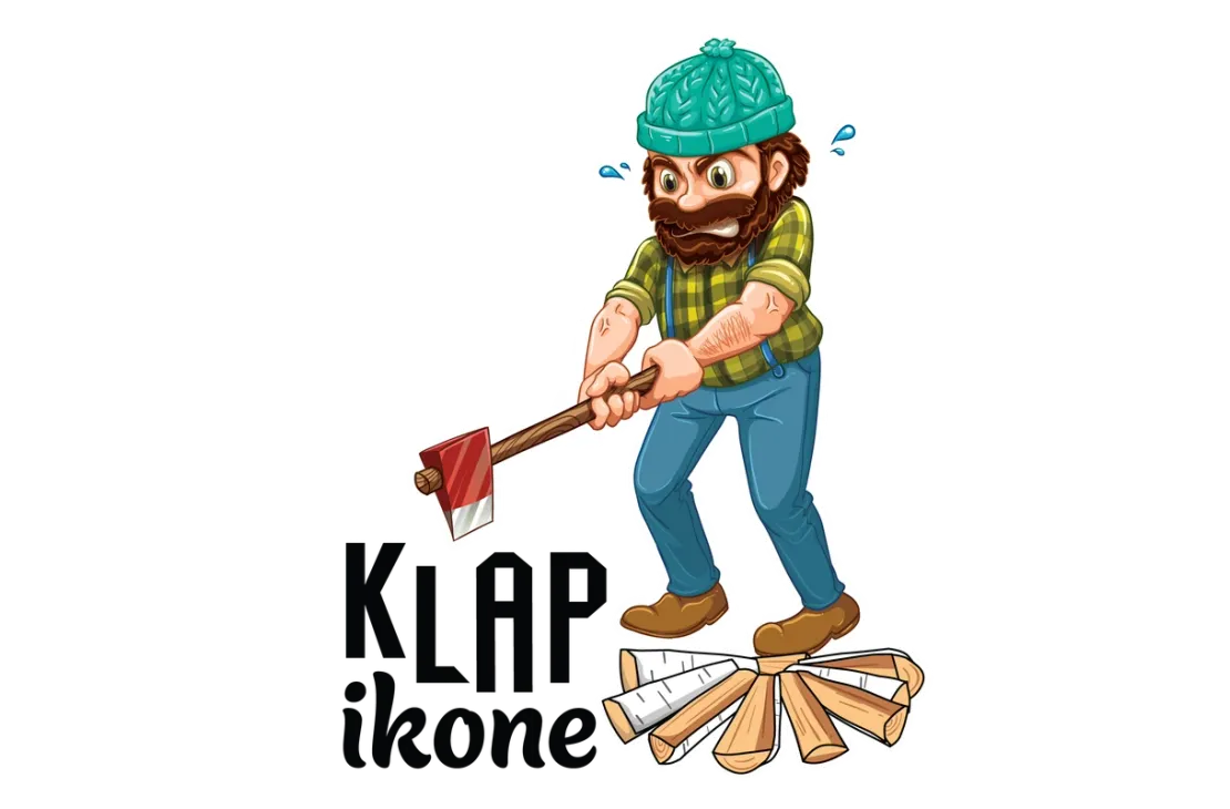 Sarjakuvametsuri, jolla on turkoosi pipo, parrakas ja ruutupaitainen, pilkkoo vihaisen näköisenä halkoja kirveellä hikipisarat lennellen. Vasemmalla alhaalla on musta teksti "KLAPIkone".