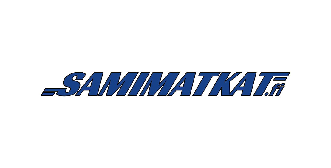 Samimatkat.fi -yrityksen logo. Logossa lukee suuri, lihavoitu, isoin kirjaimin kirjoitettu teksti "SAMIMATKAT.fi". Teksti on kirkkaan sininen ja siin&auml; on musta varjostus ja valkoinen &auml;&auml;riviiva, mik&auml; luo 3D- tai tarra-efektin. S-kirjaimen vasemmalla puolella on kaksi vaakasuoraa viivaa, jotka antavat vauhdikkaan vaikutelman. Logo on valkoisella taustalla.