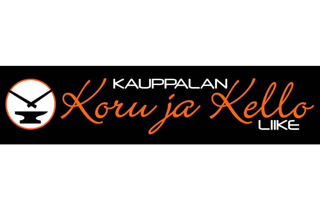 Kauppalan Koru ja Kello Liike -yrityksen logo. Logossa on vasemmalla pyöreä valkoinen tunnus, jossa on musta alasimen (seppätyö) ja ristikkäin olevat vasarat siluetit, reunustettu oranssilla. Oikealla on suuri, oranssilla, kursivoidulla ja koristeellisella fontilla kirjoitettu teksti "Koru ja Kello". Oranssin tekstin yläpuolella lukee valkoisella, pienemmällä tekstillä "KAUPPALAN" ja alapuolella oikealla samalla valkoisella fontilla "LIIKE". Logo on mustalla taustalla.
