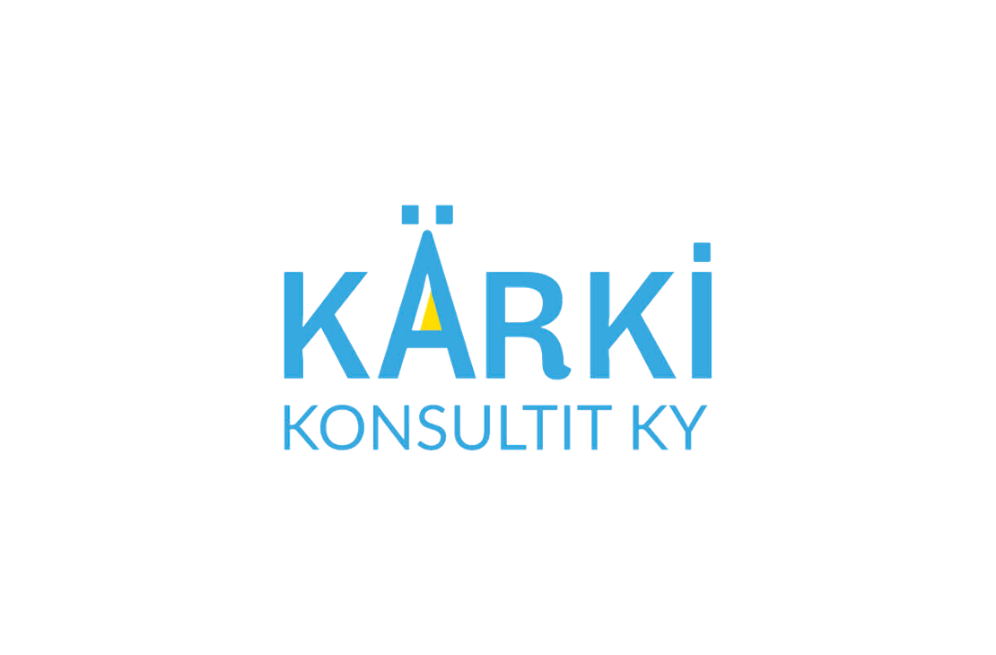 Kärki Konsultit Ky -yrityksen logo. Ylärivillä lukee isolla, vaaleansinisellä fontilla sana "KÄRKI". Sanan "R" -kirjaimen sisällä on pieni keltainen kolmio kärkenä. Sen alapuolella lukee pienemmällä, vaaleansinisellä fontilla teksti "KONSULTIT KY". Logo on valkoisella taustalla.