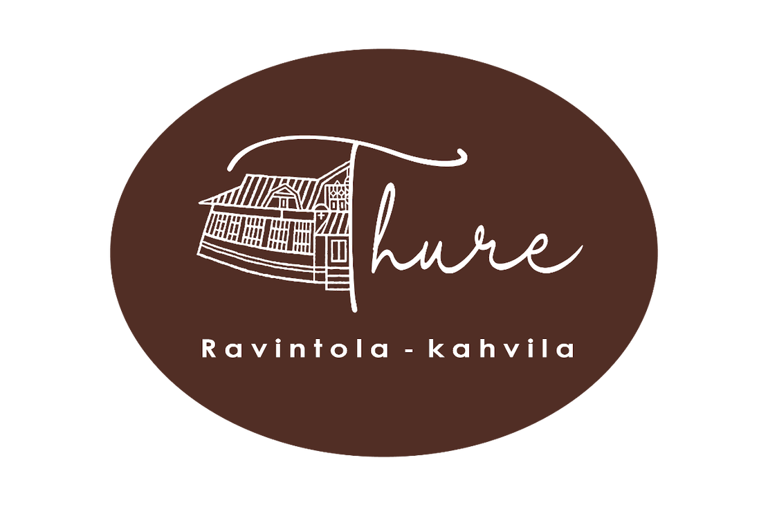 Ravintola-Kahvila Thure -yrityksen logo. Logossa on tummanruskea, soikea tausta. Keskell&auml; on valkoisella &auml;&auml;riviivalla piirretty, tyylitelty vanha rakennus (talo), jonka p&auml;&auml;ll&auml; lukee suuri, valkoinen, k&auml;sinkirjoitetun n&auml;k&ouml;inen teksti "Thure". Rakennus ja teksti sulautuvat toisiinsa. Alhaalla lukee pienemm&auml;ll&auml;, valkoisella tekstill&auml; "Ravintola - kahvila".