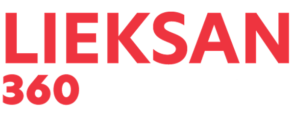 Lieksan 360 Palvelukartta -logo. Ylärivillä on suuri, punainen teksti "LIEKSAN". Alarivillä on punainen teksti "360" ja valkoinen "PALVELUKARTTA".