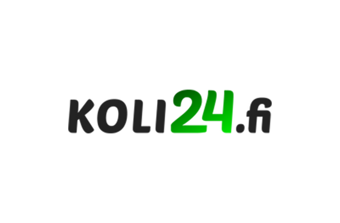 Koli24.fi -verkkosivuston tai palvelun logo. Logossa on suuri, lihavoitu teksti, jossa "KOLI" on tummanharmaa ja numero "24" on limevihreä liukuvärjäyksellä. Tekstin perässä on pieni harmaa kirje "fi". Logo on mustalla taustalla.