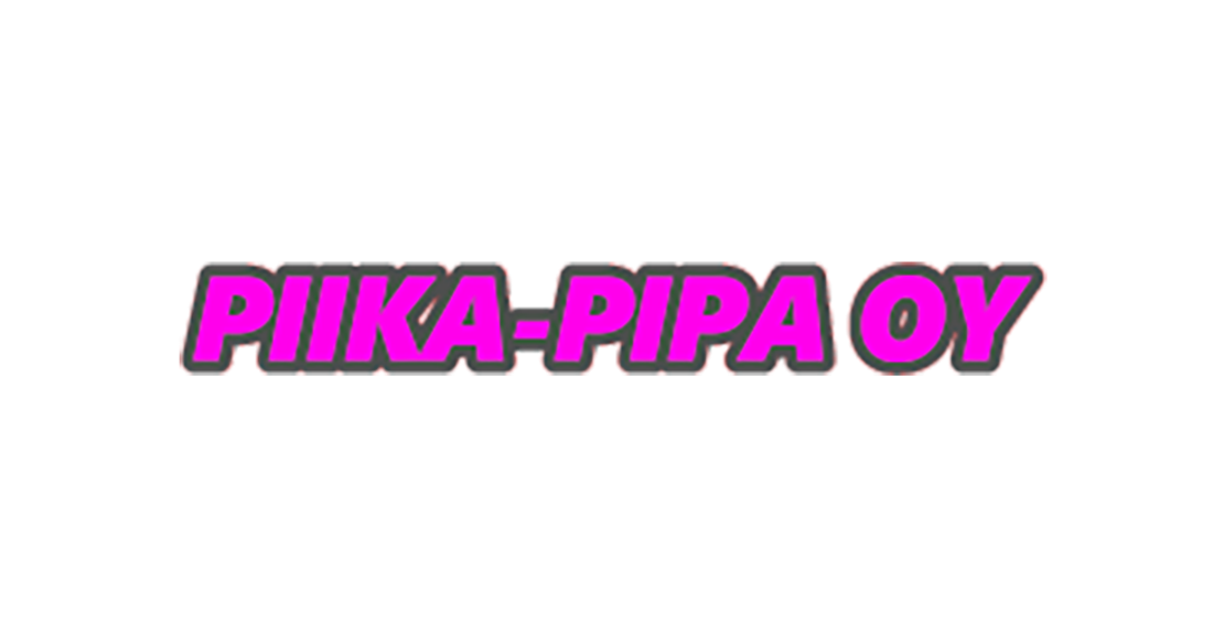 Piika-Pipa Oy -yrityksen logo. Logossa on suuri, lihavoitu, isoin kirjaimin kirjoitettu teksti "PIIKA-PIPA OY". Teksti on kirkkaan fuksianpunainen ja sitä ympäröi paksu, tummanharmaa ääriviiva. Logo on sijoitettu mustalle taustalle.