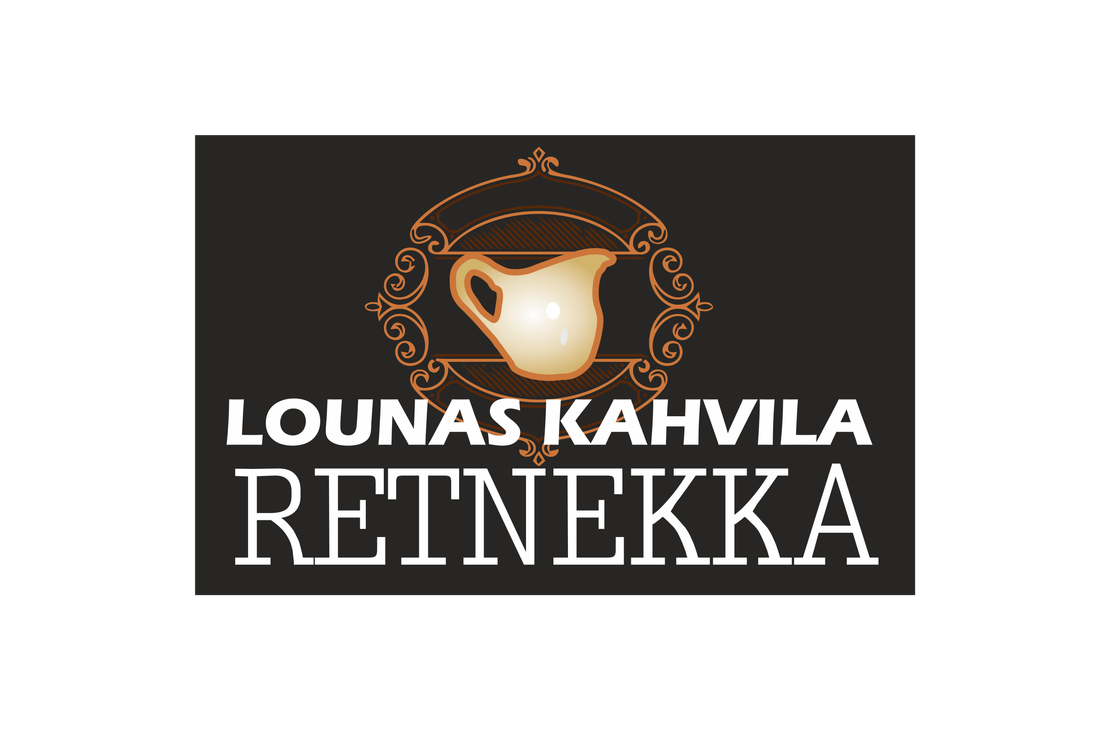 Lounas Kahvila Retnekka -yrityksen logo. Logossa on tummanruskea tausta. Yl&auml;osassa on tyylitelty, koristeellinen, kultaisenruskea kehys, jonka sis&auml;ll&auml; on kiilt&auml;v&auml;, valkoinen/kermanv&auml;rinen kermakaadin tai maitoastia. Alapuolella on suuri, valkoinen teksti: yl&auml;rivill&auml; isoin kirjaimin "LOUNAS KAHVILA" ja alarivill&auml; suuremmalla, paksulla fontilla "RETNEKKA".