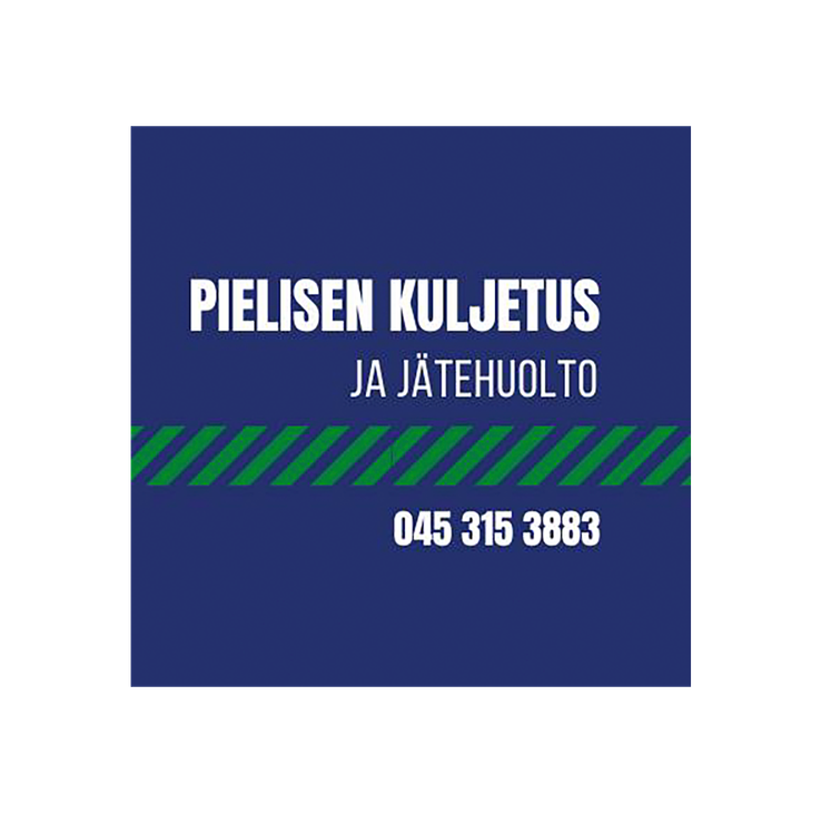 Pielisen Kuljetus ja Jätehuolto -yrityksen mainos tai tunnus. Tausta on tummansininen. Yläosassa on kaksi riviä valkoista tekstiä: ylärivillä isolla, lihavoidulla fontilla "PIELISEN KULJETUS" ja alarivillä pienemmällä fontilla "JA JÄTEHUOLTO". Keskellä on vaakasuora palkki, jossa on vinottain sijoitettuja, tummanvihreitä raitoja. Alhaalla lukee valkoisella, lihavoidulla fontilla puhelinnumero: "045 315 3883".
