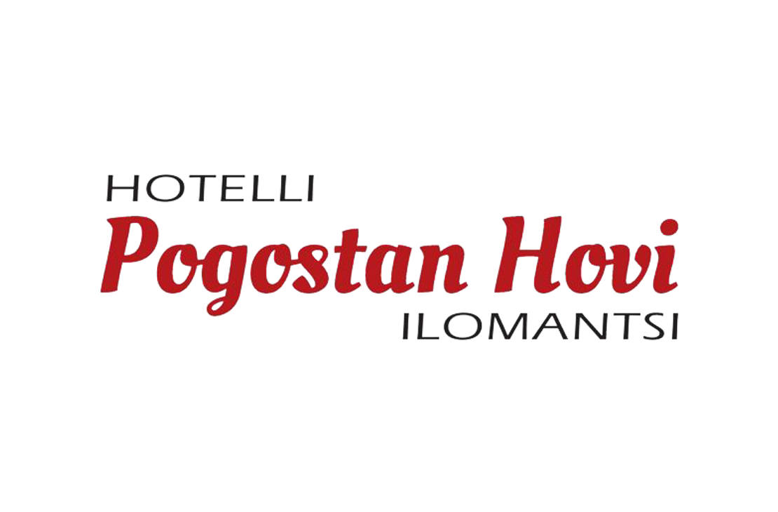 Hotelli Pogostan Hovi -yrityksen logo. Logossa lukee mustalla tekstillä ylhäällä pienemmällä fontilla "HOTELLI" ja alhaalla oikealla "ILOMANTSI". Keskellä on suuri, punainen, kursivoitu ja koristeellinen teksti "Pogostan Hovi". Logo on valkoisella taustalla.
