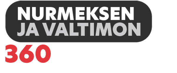 Nurmeksen ja Valtimon 360 Palvelukartta -logo. Yl&auml;rivill&auml; on teksti "NURMEKSEN JA VALTIMON" tummanharmaassa, py&ouml;ristetyss&auml; laatikossa. Alarivill&auml; on punainen teksti "360" ja valkoinen "PALVELUKARTTA".
