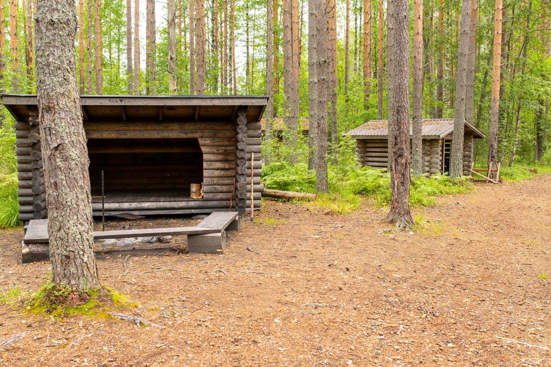 Retkeilyalueen taukopaikka havumetsän siimeksessä. Etualalla on puinen laavu nuotiopaikkoineen ja taustalla häämöttää pieni puurakennus.