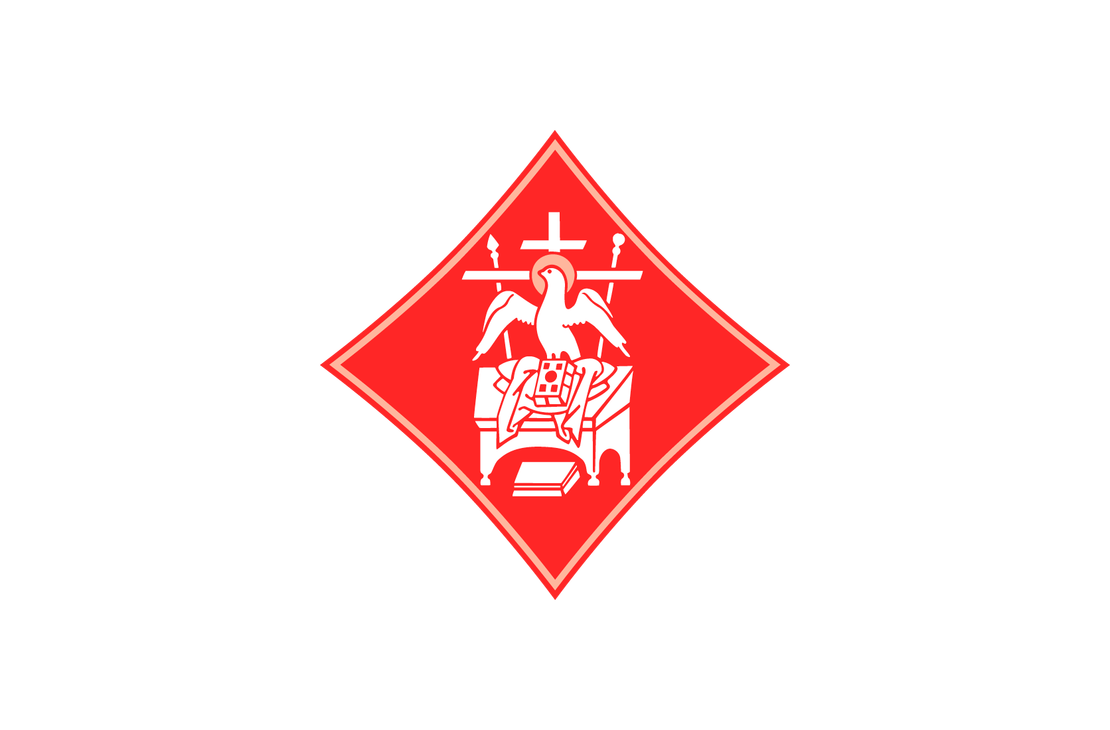 Ortodoksinen symboli tai logo, joka on sijoitettu kirkkaanpunaiseen, vinoneliön muotoon. Logon keskellä on valkoinen tai vaaleanpunainen, tyylitelty kuva ehtoollispöydästä/alttarista ja sen yllä kalkkiin laskeutuva Pyhä Henki kyyhky-muodossa. Kyyhkyn takana on risti ja sivuilla miekat. Vinoneliö on reunustettu ohuella vaalealla viivalla ja sijoitettu mustalle taustalle.