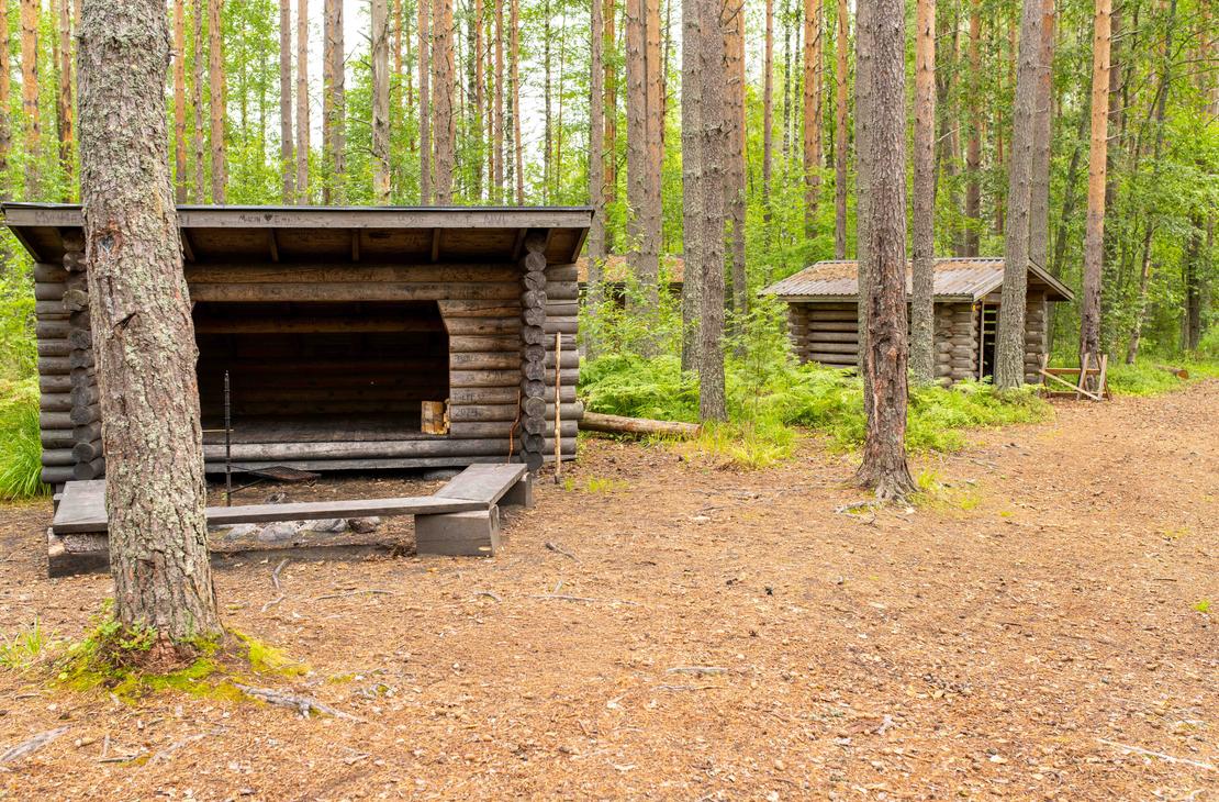 Retkeilyalueen taukopaikka havumetsän siimeksessä. Etualalla on puinen laavu nuotiopaikkoineen ja taustalla häämöttää pieni puurakennus.