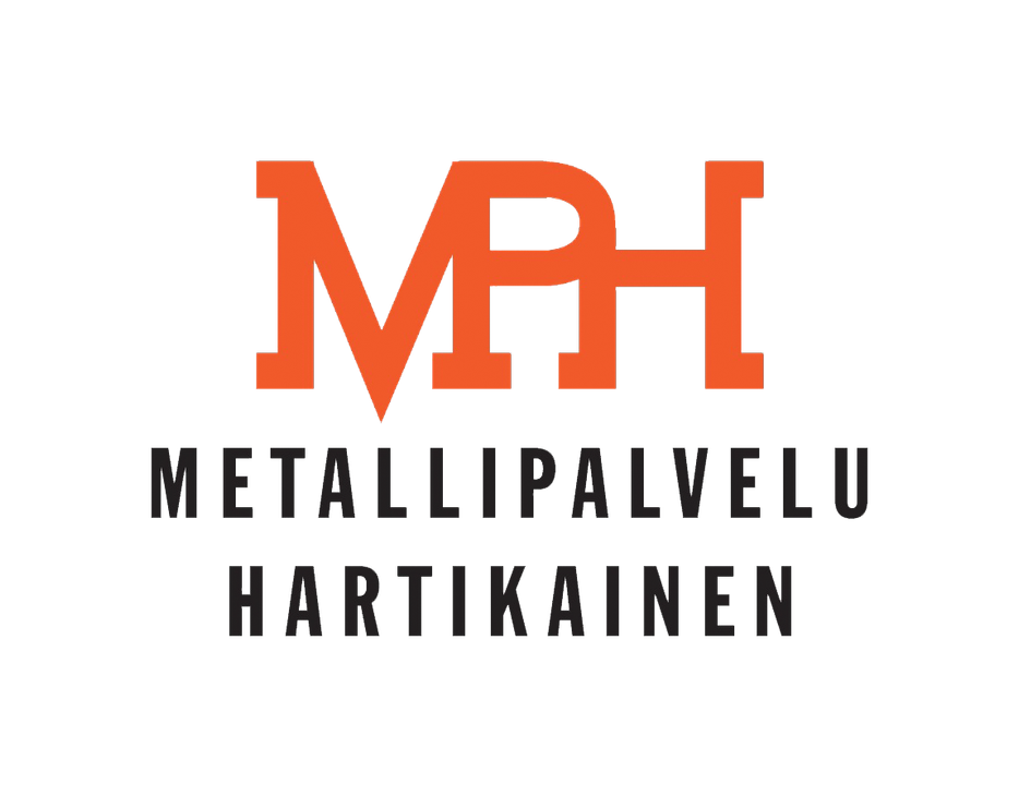 Metallipalvelu Hartikainen -yrityksen logo. Yläosassa on suuri, tyylitelty, kirkkaan oranssi tunnus "MPH", jossa kirjaimet on yhdistetty toisiinsa. Tunnuksen alapuolella on kaksi riviä mustaa, isoin kirjaimin kirjoitettua, sanz-serif-fontilla olevaa tekstiä: ylärivillä "METALLIPALVELU" ja alarivillä "HARTIKAINEN". Logo on valkoisella taustalla.
