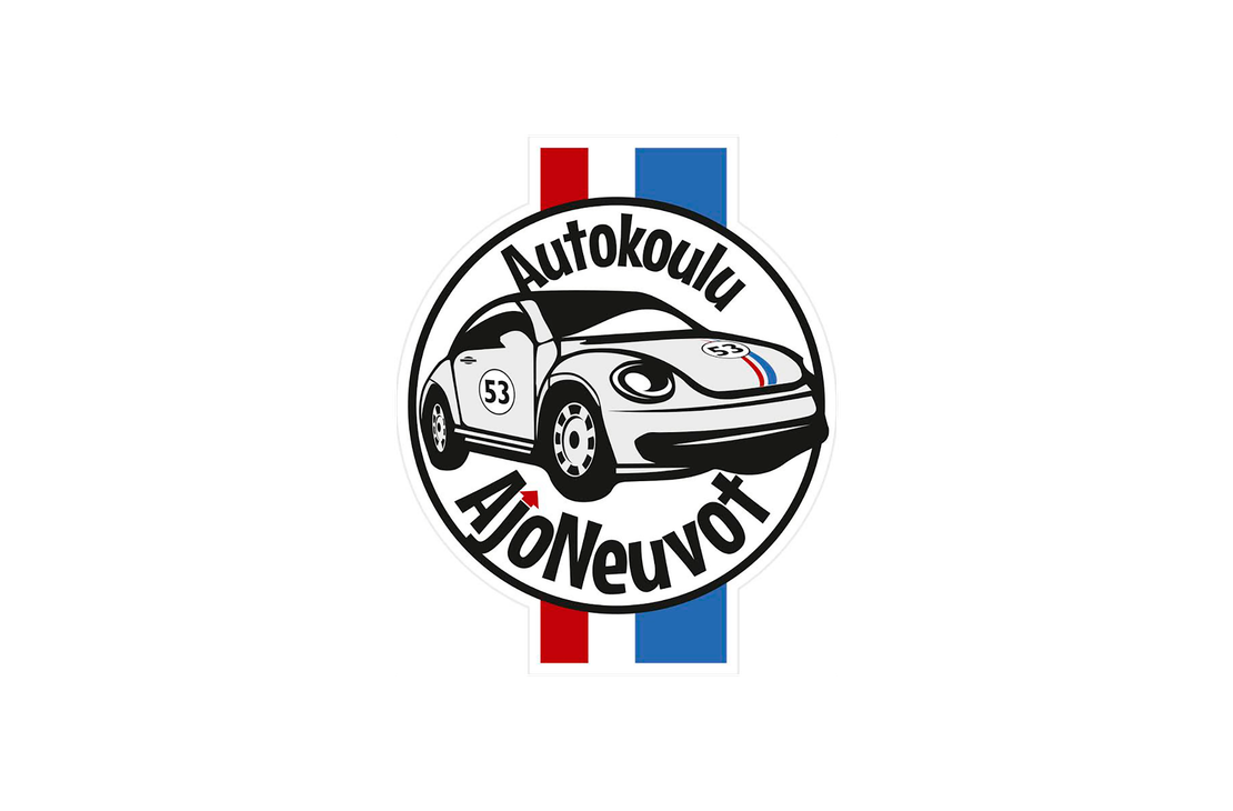 Autokoulu AjoNeuvot -yrityksen logo. Logossa on valkoinen, pyöreä tunnus mustalla kehyksellä. Kehyksen sisällä on tyylitelty, mustavalkoinen piirroskuva Volkkari Kuplasta (Herbie, numero 53). Tunnuksen yläosassa lukee kaarevasti teksti "Autokoulu" ja alaosassa kaarevasti "AjoNeuvot". Taustalla on valko-punainen ja valko-sininen pystyraita, joka muistuttaa Ranskan lippua tai kilpa-auton raitoja.
