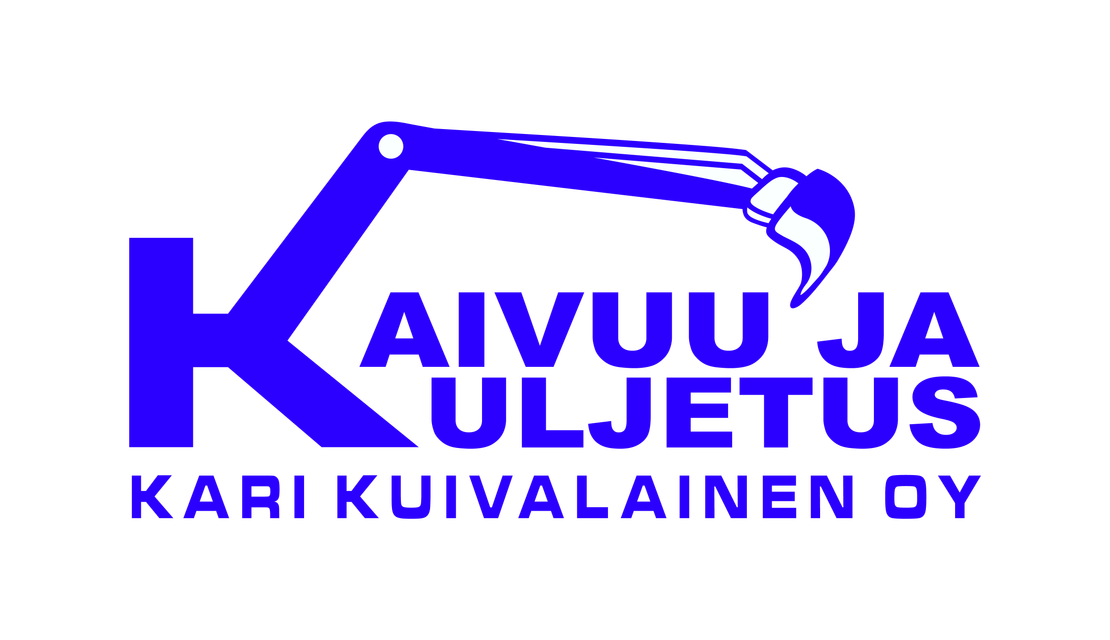Kaivuu ja Kuljetus Kari Kuivalainen Oy (KKKK) -yrityksen logo. Logossa on suuri, sininen, tyylitelty "K"-kirjain, jonka yläosasta lähtee kaivinkoneen puomi ja kauha vaakatasossa. Kauhan yläpuolella lukee sinisellä, isolla fontilla "KAIVUU JA KULJETUS" kahdella rivillä. Aivan alimpana on teksti "KARI KUIVALAINEN OY" pienemmällä sinisellä fontilla. Logo on valkoisella taustalla.