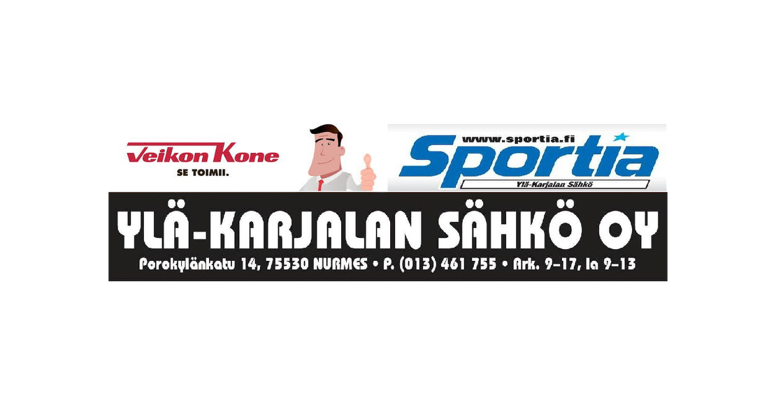 Yl&auml;-Karjalan S&auml;hk&ouml; Oy -yrityksen ja sen kumppaneiden mainosbanneri.  Yl&auml;osassa, valkoisella taustalla on vasemmalla Veikon Kone -logo (punainen teksti ja sen alla "SE TOIMII"). Oikealla on Sportia-logo (sininen teksti "Sportia" ja sen alla pienell&auml; teksti "Yl&auml;-Karjalan S&auml;hk&ouml;"). N&auml;iden v&auml;liss&auml; on sarjakuvamainen kuva miehest&auml;, joka antaa peukun.  Alaosassa, suuressa mustassa palkissa, lukee valkoisella, isolla, paksulla fontilla "YL&Auml;-KARJALAN S&Auml;HK&Ouml; OY". T&auml;m&auml;n alla lukee pienemm&auml;ll&auml;, valkoisella fontilla yrityksen yhteystiedot ja aukioloajat: "Porokyl&auml;nkatu 14, 75530 NURMES &bull; P. (013) 461 755 &bull; Ark. 9&ndash;17, la 9&ndash;13".