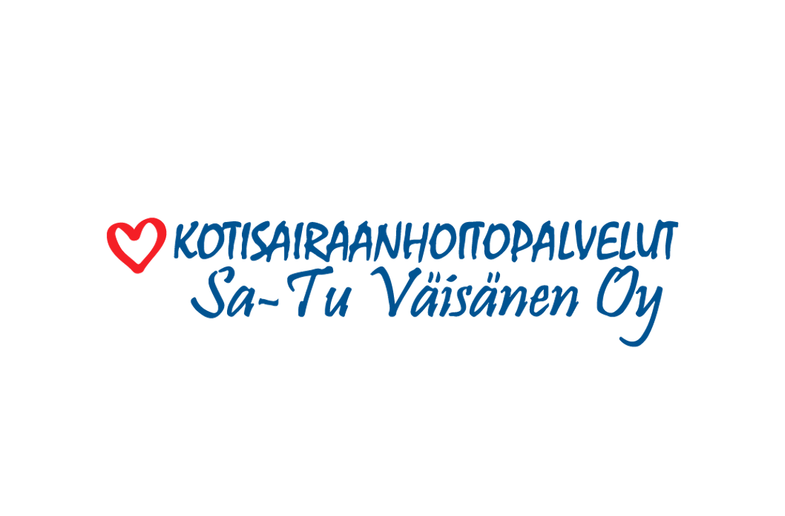 Kotisairaanhoitopalvelut Sa-Tu Väisänen Oy -yrityksen logo. Vasemmalla on punainen, ääriviivalla piirretty sydämen symboli. Sen oikealla puolella lukee tummansinisellä tekstillä kaksi riviä: ylärivillä isoin, sans-serif-kirjaimin "KOTISAIRAANHOITOPALVELUT" ja alarivillä suuremmalla, kursivoidulla fontilla "Sa-Tu Väisänen Oy". Logo on valkoisella taustalla.