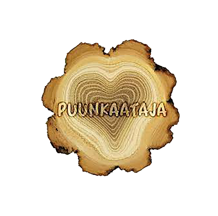 Puunkaataja-yrityksen logo. Logo on pyöreä, tyylitelty puun poikkileikkaus tai kanto, jossa näkyy kasvurenkaita. Puun syyt on muotoiltu keskeltä sydämenmuotoon. Sydämen keskellä lukee kultaisella, puun näköisellä tekstuurilla sana "PUUNKAATAJA" isolla fontilla. Logo on valkoisella taustalla.