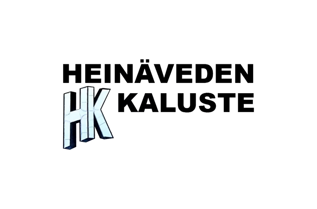 Heinäveden Kaluste -yrityksen logo. Ylärivillä lukee isolla, mustalla, isoin kirjaimin kirjoitetulla fontilla sana "HEINÄVEDEN". Sen alapuolella on vasemmalla kaksi tyyliteltyä, 3D-efektillä piirrettyä kirjainta "H" ja "K" vaaleansinisinä. Kirjainten oikealla puolella lukee samalla mustalla, isolla fontilla sana "KALUSTE". Logo on valkoisella taustalla.