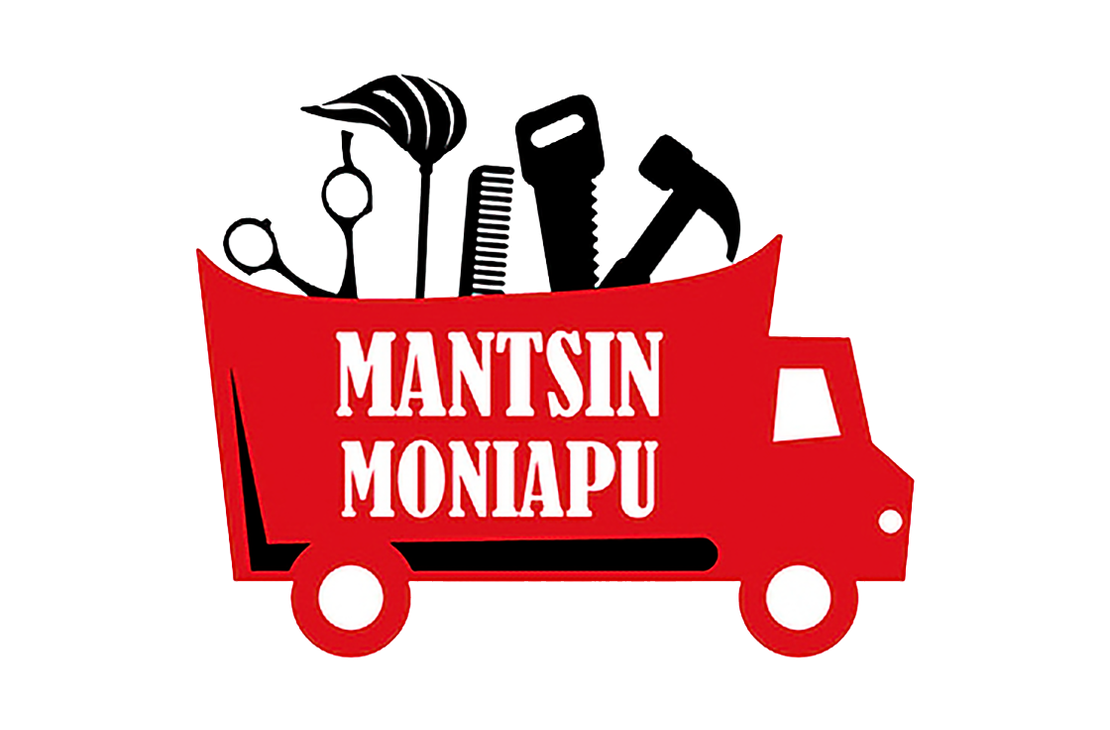 Mantsin Moniapu -yrityksen logo. Logossa on punainen, tyylitelty pakettiauto tai avolava-auto. Auton lavalla on mustia siluetteja erilaisista työkaluista: sakset, kampa ja hiustukkaa (kampaamopalvelut) sekä saha ja vasara (rakennus-/monipalvelut). Auton lavan kyljessä lukee valkoisella, isolla fontilla kahdella rivillä: "MANTSIN MONIAPU".