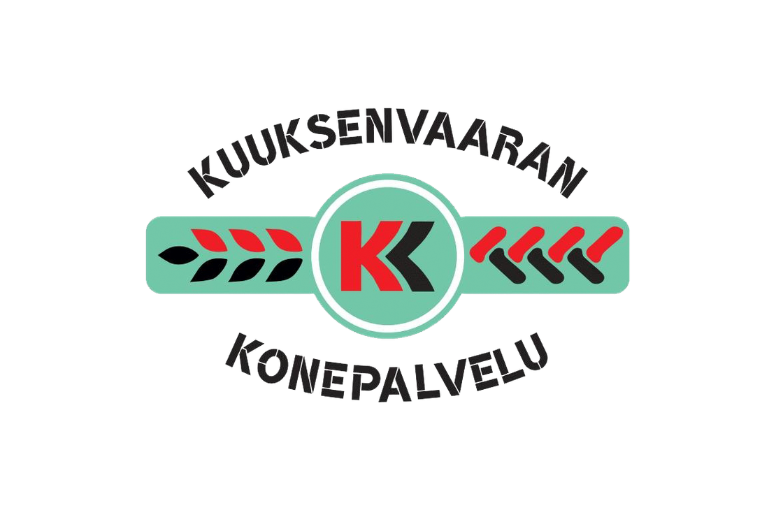 Kuuksenvaaran Konepalvelu -yrityksen logo. Logossa on vaalean turkoosinv&auml;rinen vaakasuora palkki, jonka molemmissa p&auml;iss&auml; on tyyliteltyj&auml; mustia ja punaisia lehti&auml; tai t&auml;hki&auml;. Keskell&auml; on py&ouml;re&auml; tunnus, jossa on punainen iso K ja musta pienempi k p&auml;&auml;llekk&auml;in. Tunnuksen yl&auml;puolella kaarevasti lukee mustalla, stencil-tyylisell&auml; fontilla "KUUKSENVAARAN" ja alapuolella kaarevasti "KONEPALVELU". Logo on valkoisella taustalla.