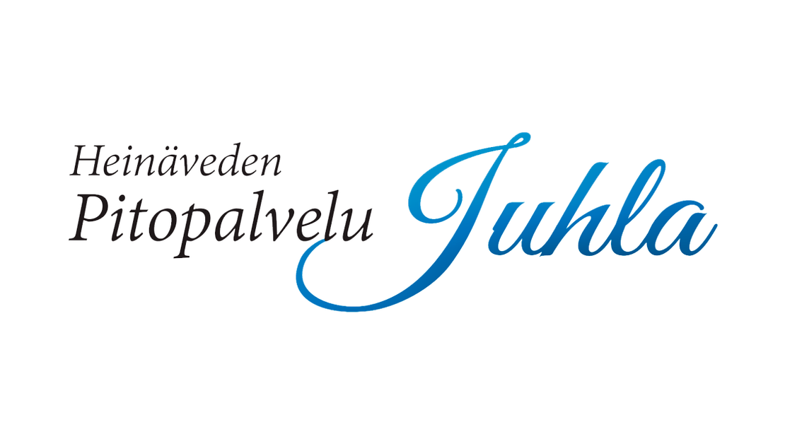 Heinäveden Pitopalvelu Juhla -yrityksen logo. Logossa on kaksi osaa: Vasemmalla lukee tummanruskealla, serif-fontilla kaksi riviä tekstiä: "Heinäveden" ja "Pitopalvelu". Oikealla lukee suuri, koristeellinen, kursivoitu ja käsin kirjoitetun näköinen sana "Juhla" sinisellä liukuvärjäyksellä. Logo on valkoisella taustalla.