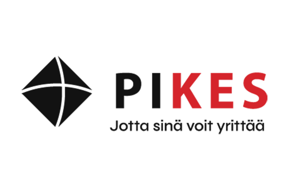 PIKES - Jotta sinä voit yrittää -yrityksen logo. Logossa on vasemmalla tummanharmaa, tyylitelty, neliönmuotoinen, vinossa asennossa oleva symboli, joka on jaettu neljään osaan kaarevalla ristillä. Oikealla on suuri, lihavoitu teksti "PIKES", jossa kirjaimet "PIK" ovat mustia ja "ES" punaisia. Sen alapuolella lukee mustalla tekstillä iskulause "Jotta sinä voit yrittää". Logo on valkoisella taustalla.