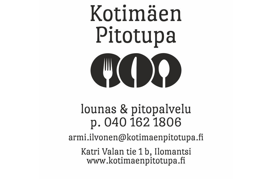 Kotimäen Pitotupa -yrityksen logo ja yhteystiedot valkoisella taustalla. Ylhäällä on suuri, musta teksti "Kotimäen Pitotupa". Sen alla on musta, pyöreä symboli, joka koostuu kolmesta ympyrästä, joissa on valkoiset siluetit: haarukka, veitsi ja lusikka. Symbolin alapuolella on mustalla fontilla lueteltu yhteystiedot ja palvelut, mukaan lukien "lounas & pitopalvelu", puhelinnumero ja sähköpostiosoite.