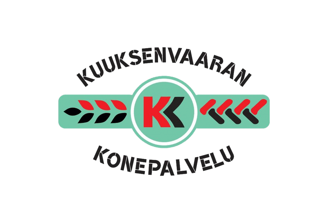 Kuuksenvaaran Konepalvelu -yrityksen logo. Logossa on vaalean turkoosinvärinen vaakasuora palkki, jonka molemmissa päissä on tyyliteltyjä mustia ja punaisia lehtiä tai tähkiä. Keskellä on pyöreä tunnus, jossa on punainen iso K ja musta pienempi k päällekkäin. Tunnuksen yläpuolella kaarevasti lukee mustalla, stencil-tyylisellä fontilla "KUUKSENVAARAN" ja alapuolella kaarevasti "KONEPALVELU". Logo on valkoisella taustalla.