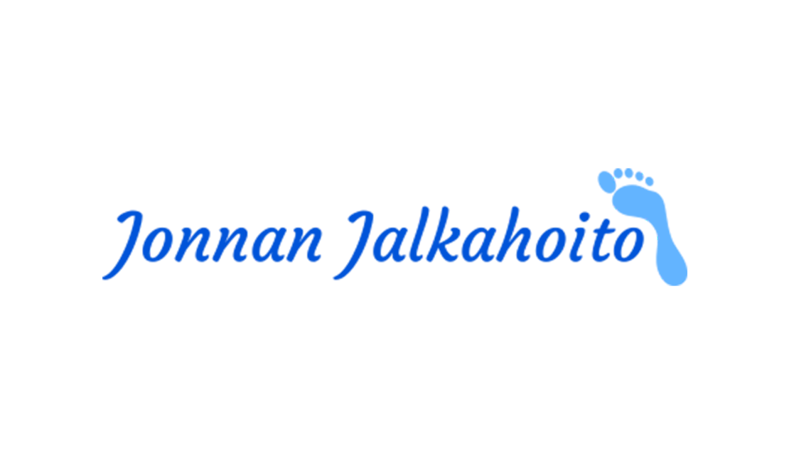 Jonnan Jalkahoito -yrityksen logo. Logossa on kirkkaan sininen, kursivoitu teksti "Jonnan Jalkahoito". Sanan "Jalkahoito" oikealla puolella on vaaleansininen, tyylitelty jalanj&auml;ljen siluetti (jalan yl&auml;osa). Logo on mustalla taustalla.