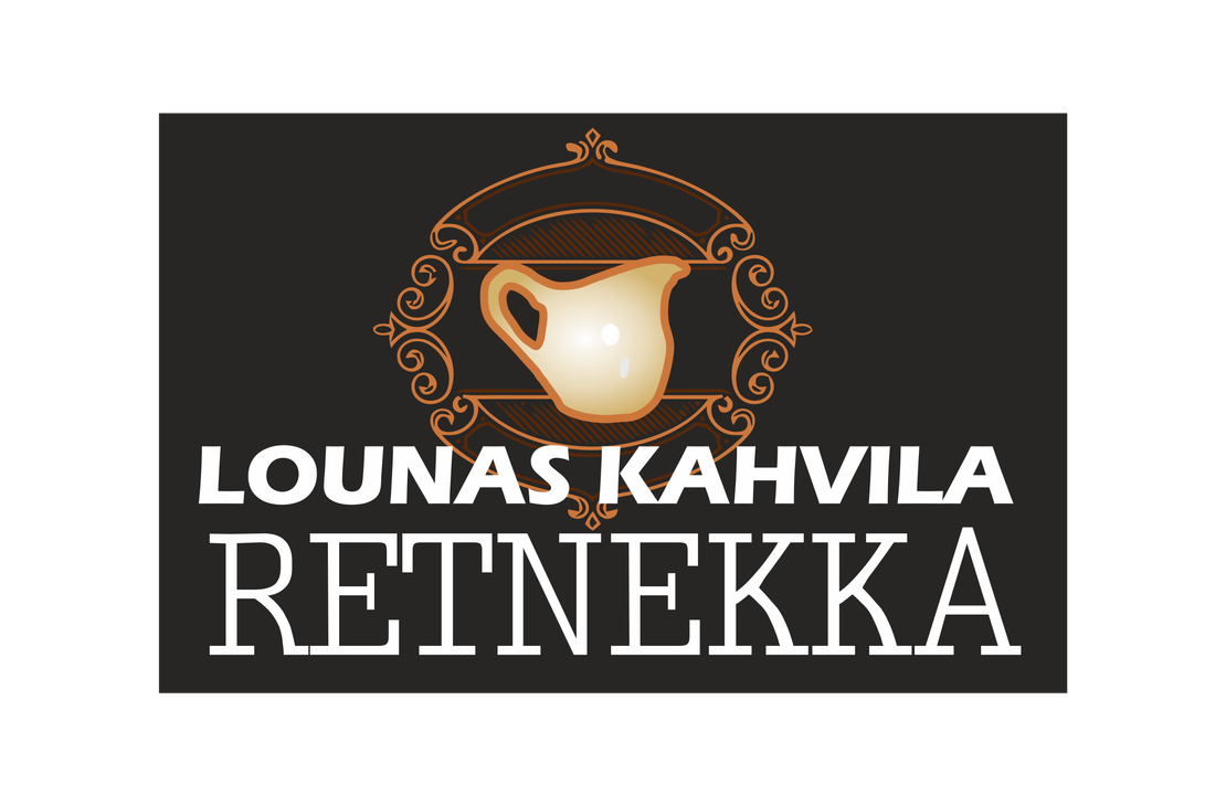 Lounas Kahvila Retnekka -yrityksen logo. Logossa on tummanruskea tausta. Yläosassa on tyylitelty, koristeellinen, kultaisenruskea kehys, jonka sisällä on kiiltävä, valkoinen/kermanvärinen kermakaadin tai maitoastia. Alapuolella on suuri, valkoinen teksti: ylärivillä isoin kirjaimin "LOUNAS KAHVILA" ja alarivillä suuremmalla, paksulla fontilla "RETNEKKA".