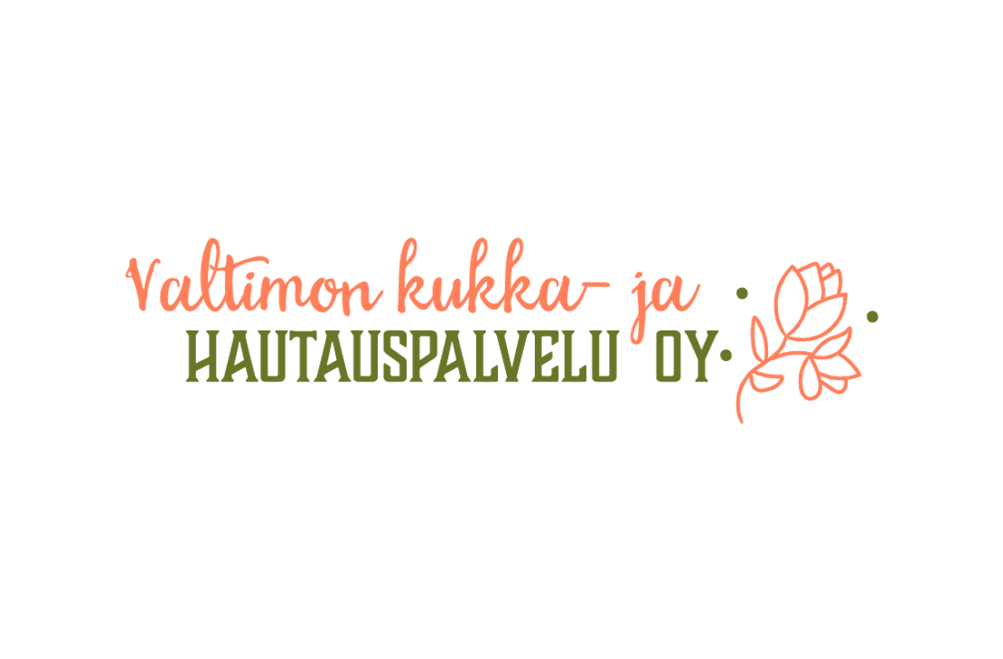 Valtimon Kukka- ja Hautauspalvelu Oy -yrityksen logo. Vasemmalla on kaksi riviä tekstiä: ylärivillä oranssinpunaisella, kursivoidulla, käsinkirjoitetun näköisellä fontilla teksti "Valtimon kukka- ja". Alarivillä on tummanvihreällä, paksulla, isolla fontilla teksti "HAUTAUSPALVELU OY". Oikealla on tyylitelty, oranssinpunainen ruusun tai kukan ääriviivapiirros, jota ympäröi tummanvihreitä pisteitä. Logo on valkoisella taustalla.
