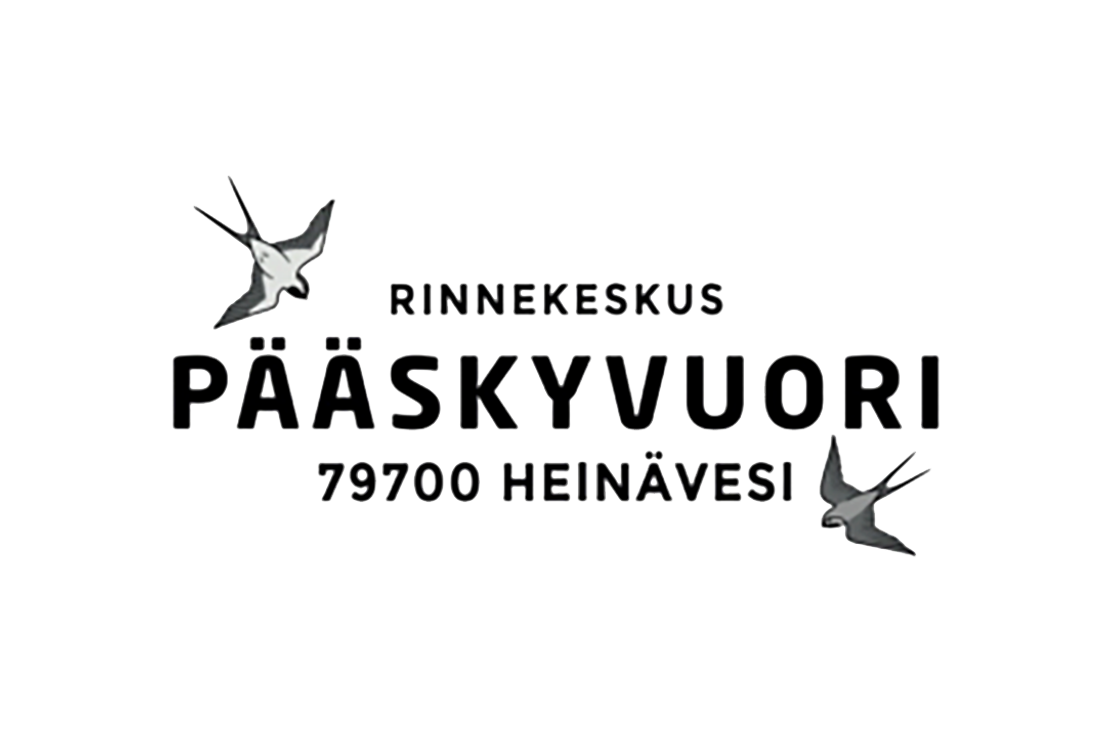Rinneksekus P&auml;&auml;skyvuori, 79700 Hein&auml;vesi -yrityksen logo. Logossa on suuri, musta, lihavoitu teksti "P&Auml;&Auml;SKYVUORI". Yl&auml;puolella lukee pienemm&auml;ll&auml;, mustalla tekstill&auml; "RINNEKESKUS" ja alapuolella niin ik&auml;&auml;n pienemm&auml;ll&auml; mustalla tekstill&auml; "79700 HEIN&Auml;VESI". Tekstin ymp&auml;rill&auml; on kaksi mustavalkoista, tyylitelty&auml; kuvaa liit&auml;v&auml;st&auml; p&auml;&auml;skyst&auml;. Logo on valkoisella taustalla.