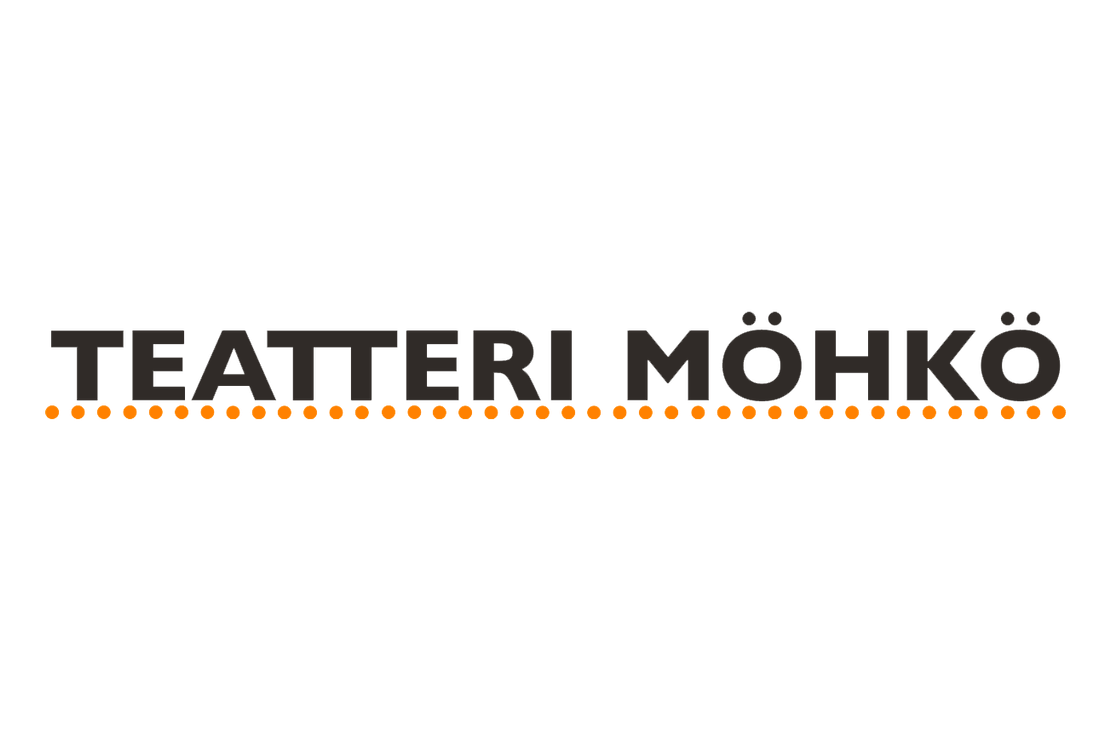 Teatteri Möhkö -teatteriryhmän logo. Logossa on suuri, tummanharmaa, paksu, isoin kirjaimin kirjoitettu teksti "TEATTERI MÖHKÖ". Tekstin alapuolella on vaakasuora rivi kirkkaan oransseja palloja tai pisteitä. Logo on valkoisella taustalla.