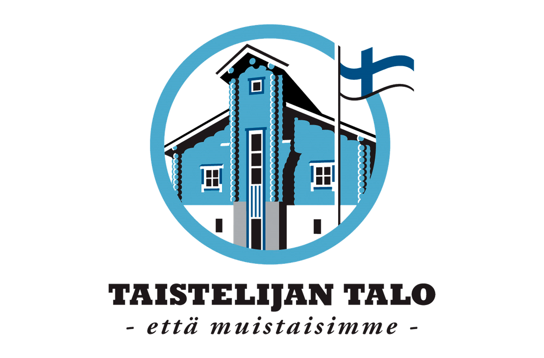 Taistelijan Talo -museon tai muistomerkin logo. Logossa on vaaleansininen, paksu ympyrä, jonka sisällä on tyylitelty, sininen hirsimökki tai tupa. Mökin taustalla liehuu Suomen lippu. Ympyrän alapuolella lukee isolla, mustalla tekstillä "TAISTELIJAN TALO" ja sen alla pienemmällä, kursivoidulla tekstillä "- että muistaisimme -". Logo on valkoisella taustalla.