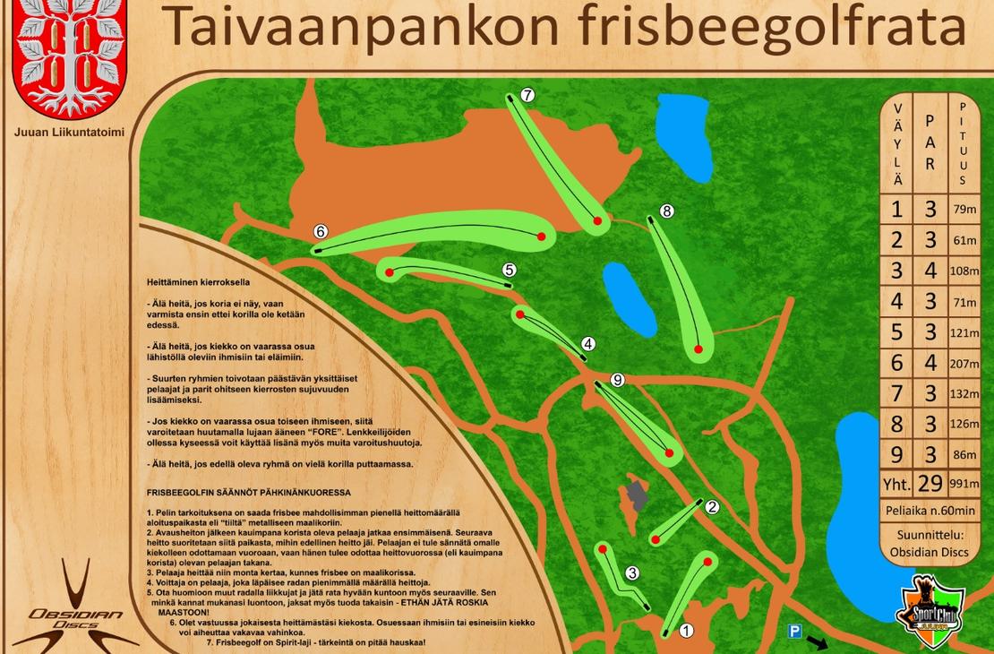Taivaanpankon frisbeegolfradan opaskartta. Kartta on esitetty puunvärisellä taustalla ja se sisältää Juuan kunnan vaakunan. Kartan kuva-alue on ylhäältä pyöristetty ja se esittää radan layoutin: vihreät väylät tummanvihreän metsän ja oranssin/ruskean maaston keskellä, sekä sinisiä vesialueita. Vasemmalla on tekstiä säännöistä ja ohjeista. Oikealla on taulukko, jossa luetellaan väylien numerot, pituudet ja par-luvut.