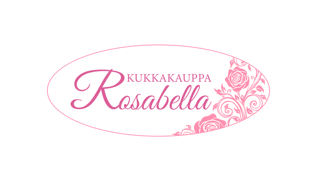 Kukkakauppa Rosabella -yrityksen logo. Logossa on valkoinen, soikea pohja, jota reunustaa ohut, vaaleanpunainen viiva. Keskellä on suuri, **fuksianpunainen, kursivoitu ja koristeellinen teksti "Rosabella". Sanan yläpuolella on pienemmällä, vaaleanpunaisella, isoin kirjaimin kirjoitettu teksti "KUKKAKOUPPA". Soikion oikeassa alakulmassa on tyylitelty, vaaleanpunainen ruusu- ja lehtikuviointi.