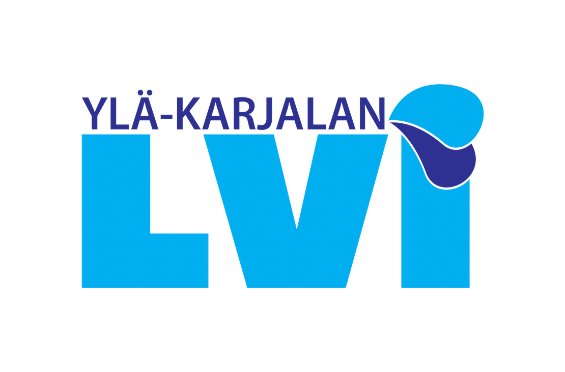 Ylä-Karjalan LVI -yrityksen logo. Ylärivillä lukee tummansinisellä, isolla fontilla "YLÄ-KARJALAN". Sen alapuolella on erittäin suuri, kirkkaan **vaaleansininen teksti "LVI" isolla ja paksulla fontilla. I-kirjaimen yläosa on korvattu tumman- ja vaaleansinisen värisellä, tyylitellyllä vesipisarasymbolilla. Logo on valkoisella taustalla.