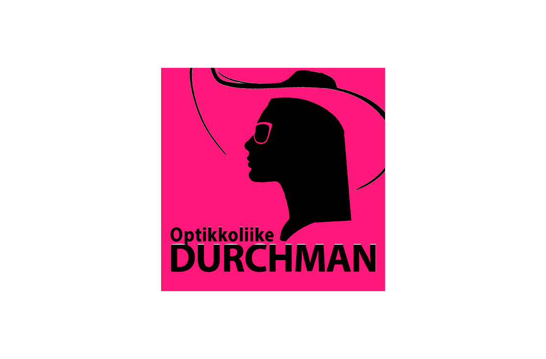 Optikkoliike Durchman -yrityksen logo. Logossa on kirkkaan fuksianpunainen neliömäinen tausta. Yläosassa on musta siluetti naisen päästä, joka on pukeutunut leveälieriseen hattuun ja jolla on silmälasit tai aurinkolasit. Silmälaseissa näkyy ohut pinkki ääriviiva. Mustan siluetin alapuolella, vasemmassa alakulmassa, on mustalla tekstillä kaksi riviä: pienemmällä fontilla "Optikkoliike" ja isolla, paksulla fontilla "DURCHMAN".