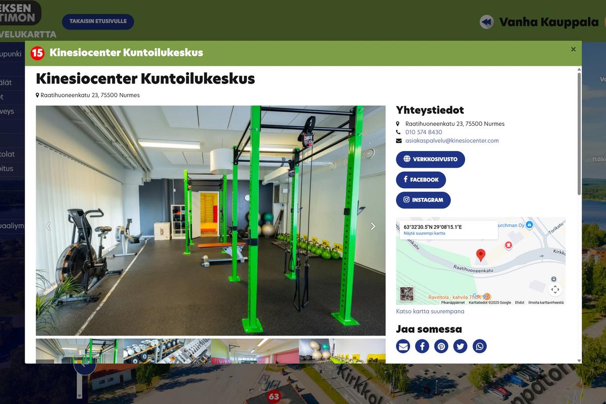 N&auml;kym&auml; 360 Palvelukartasta, jossa on avattuna kohde "Kinesiocenter Kuntoliikeskus". Ikkunassa n&auml;kyy kuva kuntosalin sis&auml;lt&auml;, yhteystiedot, kartta ja linkkej&auml; sosiaaliseen mediaan.