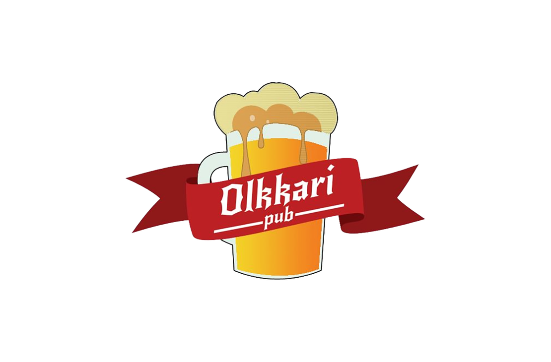 Pub Olkkari -yrityksen logo. Logossa on sarjakuvamainen piirros isosta oluttuopista, joka on täynnä keltaista olutta ja jossa on runsas, valkoinen/beige vaahtokruunu, josta valuu olutta yli reunojen. Tuopin edessä on punainen, kaareva nauha tai viiri, jossa lukee valkoisella, goottilaisella fontilla "Olkkari" ja sen alla pienemmällä fontilla "-pub-".