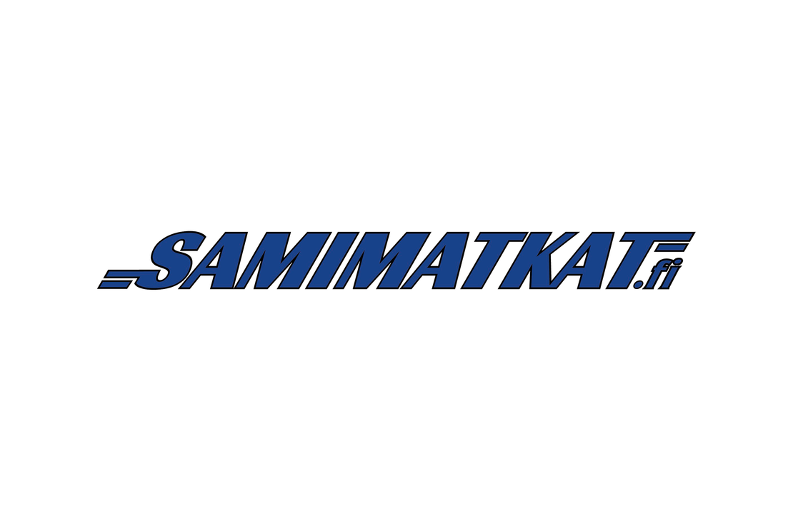 Samimatkat.fi -yrityksen logo. Logossa lukee suuri, lihavoitu, isoin kirjaimin kirjoitettu teksti "SAMIMATKAT.fi". Teksti on kirkkaan sininen ja siin&auml; on musta varjostus ja valkoinen &auml;&auml;riviiva, mik&auml; luo 3D- tai tarra-efektin. S-kirjaimen vasemmalla puolella on kaksi vaakasuoraa viivaa, jotka antavat vauhdikkaan vaikutelman. Logo on valkoisella taustalla.