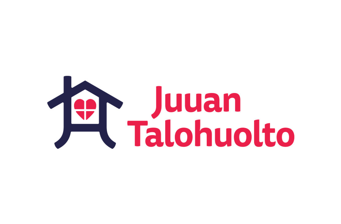 Juuan Talohuolto -yrityksen logo. Vasemmalla on tummansininen, tyylitelty talo-symboli, jonka keskell&auml; ikkunana on punainen syd&auml;n. Oikealla on kaksi rivi&auml; teksti&auml;: yl&auml;rivill&auml; punaisella fontilla "Juuan" ja alarivill&auml; suuremmalla, punaisella, lihavoidulla fontilla "Talohuolto". Logo on mustalla taustalla.
