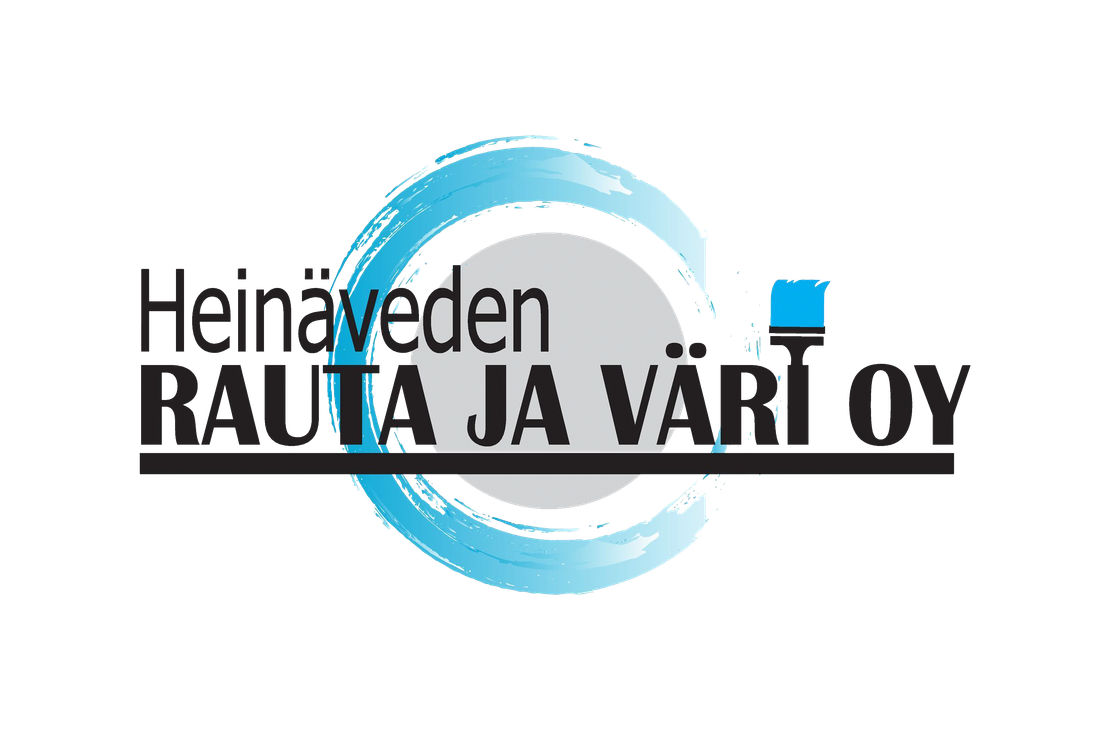 Heinäveden Rauta Ja Väri Oy -yrityksen logo. Logossa on suuri, valkoinen teksti "Heinäveden" sijoitettuna harmaan ympyrän päälle. Sen alla on suurempi, musta teksti "RAUTA JA VÄRI OY". Tekstin takana on pyöreä, tyylitelty kuvio, joka muistuttaa sinisellä maalattuja siveltimen vetoja ja harmaata alustaa. I-kirjaimen päällä on sininen siveltimenpää. Tekstin alla on paksu musta viiva. Logo on valkoisella taustalla.